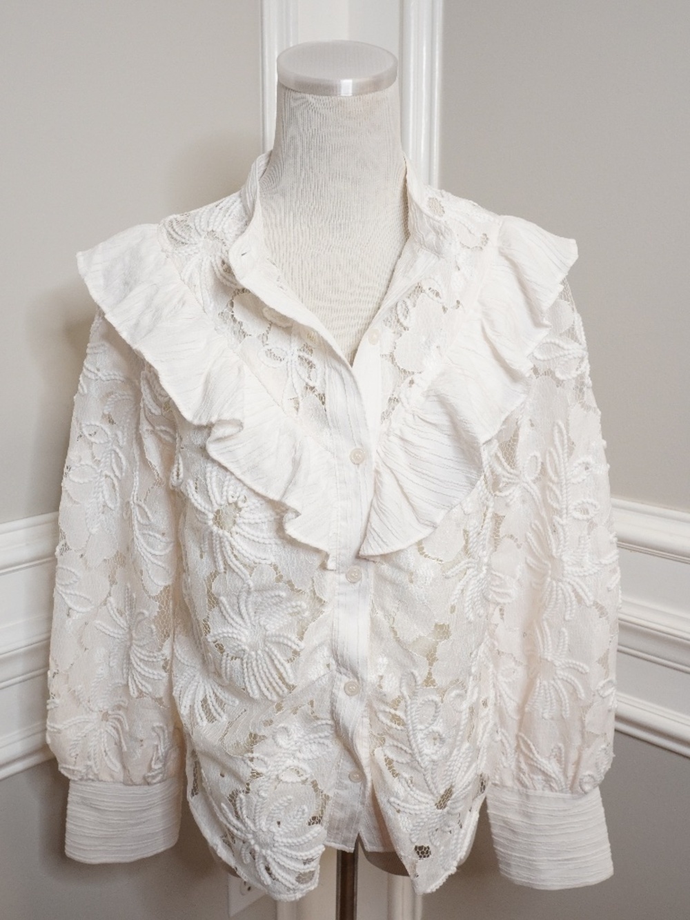 Fanco Lace Ruffle Embroidered Blouse, Size S
